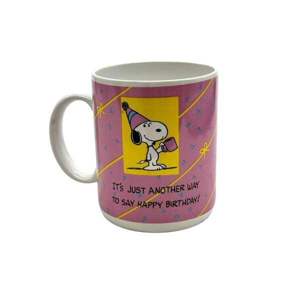 Snoopy Peanuts Happy Birthday Coffee Mug Charlie Brown Schultz Gift Vtg Pink Ret - Picture 2 of 10